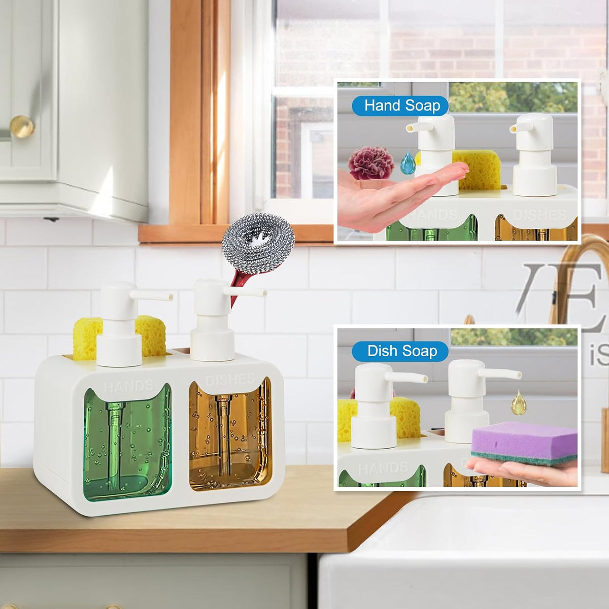 Kitchen Soap Dispenser Set, with Hand and Dish Soap, Sponge Caddy and Brush Holder 4-in-1 Kitchen Dual Soap Dispenser Set for Kitchen Sink, Bathroom - Black