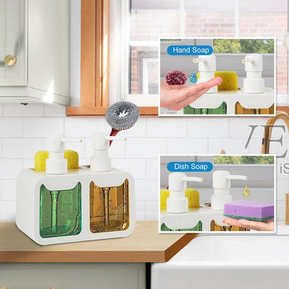 Kitchen Soap Dispenser Set, with Hand and Dish Soap, Sponge Caddy and Brush Holder 4-in-1 Kitchen Dual Soap Dispenser Set for Kitchen Sink, Bathroom - Black