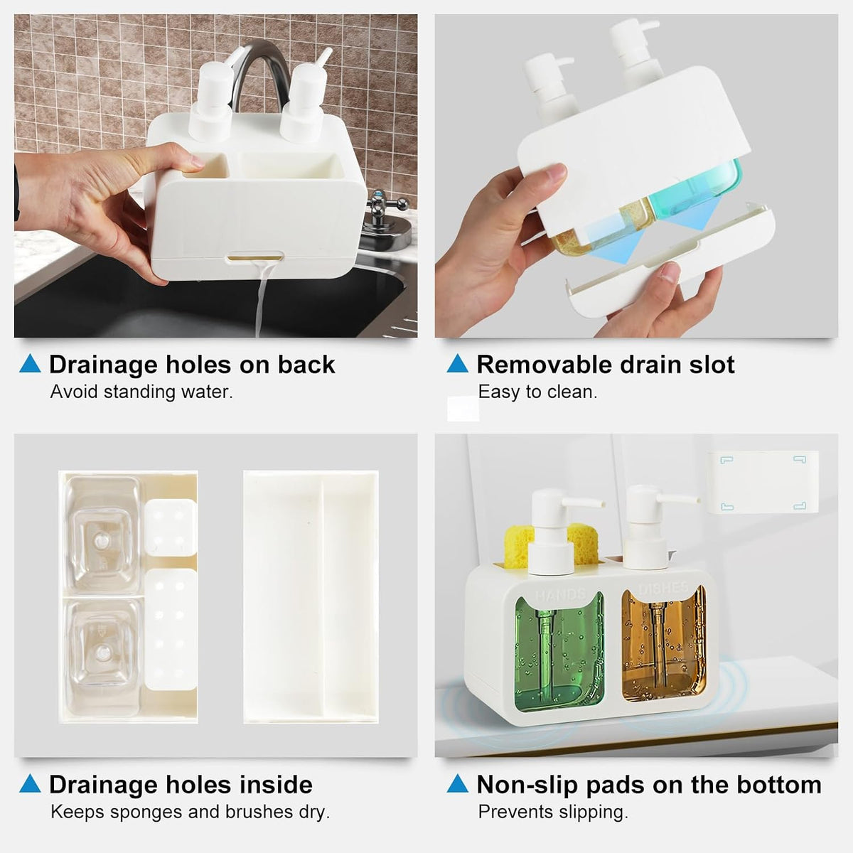 Kitchen Soap Dispenser Set, with Hand and Dish Soap, Sponge Caddy and Brush Holder 4-in-1 Kitchen Dual Soap Dispenser Set for Kitchen Sink, Bathroom - Black