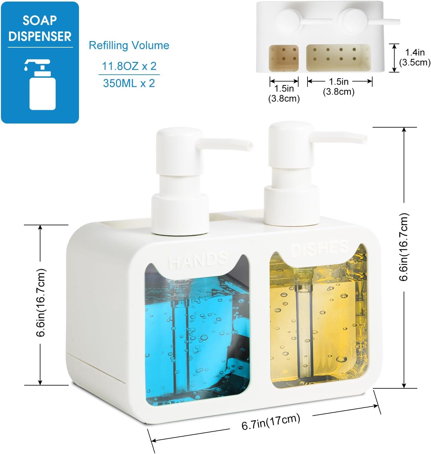 Kitchen Soap Dispenser Set, with Hand and Dish Soap, Sponge Caddy and Brush Holder 4-in-1 Kitchen Dual Soap Dispenser Set for Kitchen Sink, Bathroom - Black