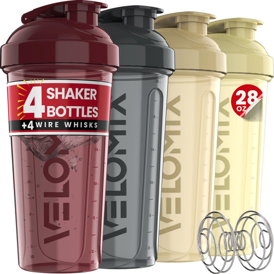 4 Pack 28oz Protein Shaker Bottle for Protein Mixes, Burgundy | 4x Wire Whisk, Leak Proof Shaker Cups for Protein Shakes, Stackable, Dishwasher safe, BPA free, Pre Workout and Gym ready
