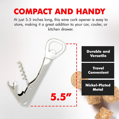 Select Bottle Opener and Corkscrew, 5.5 inches in length, Nickle Plated