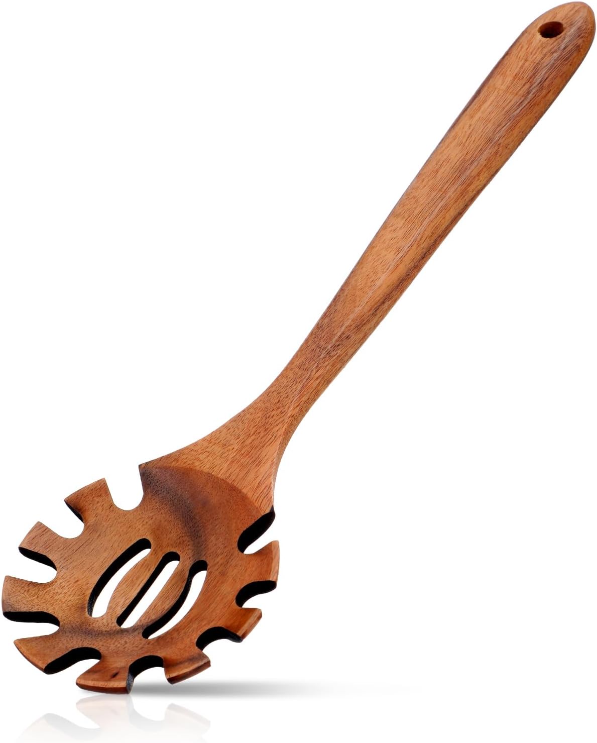 Spaghetti Spoon Wooden Pasta Spoon with Teeth Spaghetti Fork Tongs 12.5 Inch Teak Slotted Strainer Spoons for Cooking Serving Collecting, Wooden Fork Server Utensil with Claws, Wood Noodle Strainer