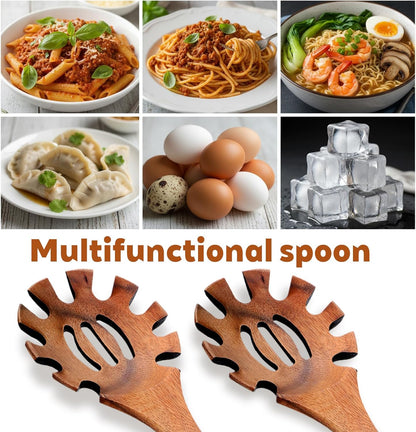 Spaghetti Spoon Wooden Pasta Spoon with Teeth Spaghetti Fork Tongs 12.5 Inch Teak Slotted Strainer Spoons for Cooking Serving Collecting, Wooden Fork Server Utensil with Claws, Wood Noodle Strainer