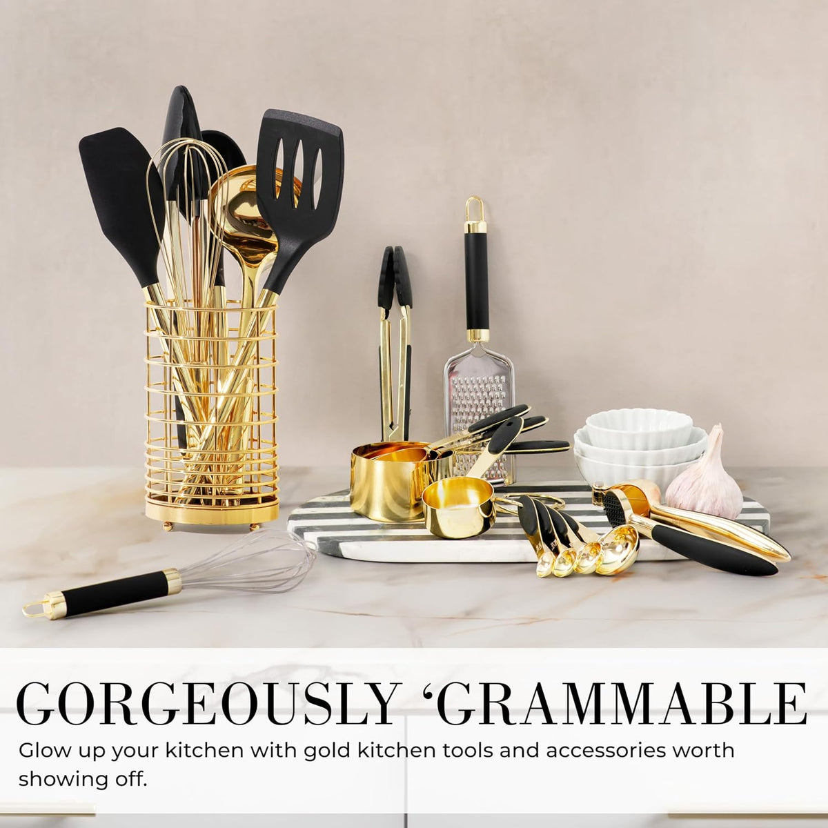 Beige and Gold Kitchen Utensils Set