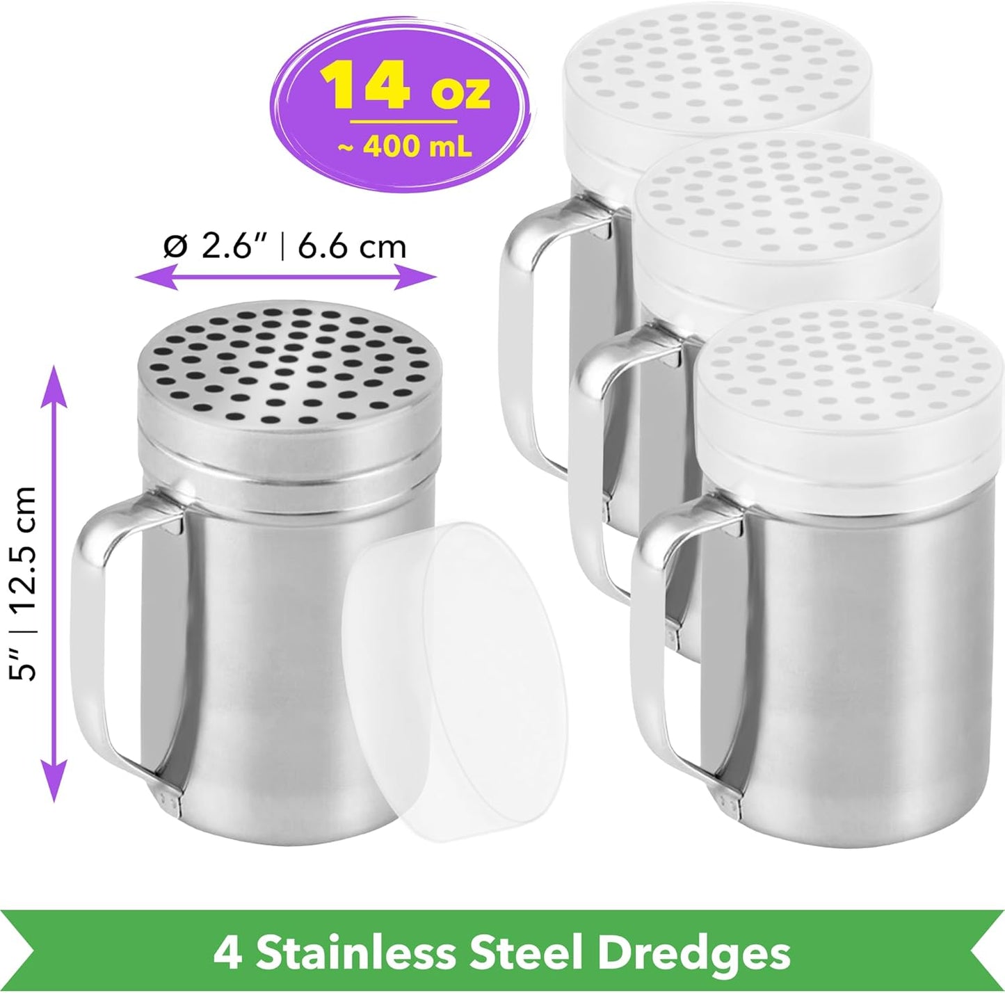 CUSINIUM 14oz Metal Parmesan Cheese Shaker with Large Holes - With Handle - Chili Flakes Dispensers - Pizza Shaker | Style: Coarse