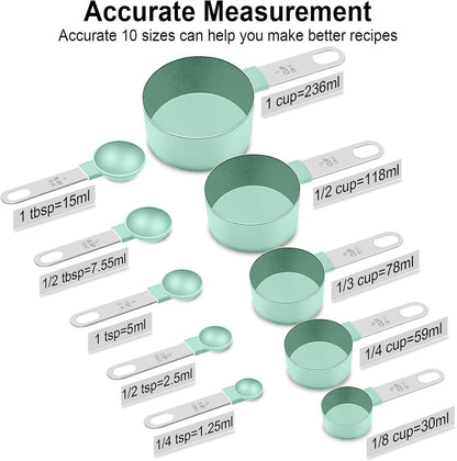 Measuring Cups and Spoons Set, 10 Pieces Nesting Measure Tools, Kitchen Essentials Gadgets with Stainless Steel Handle for Dry & Liquid Ingredient, Pink