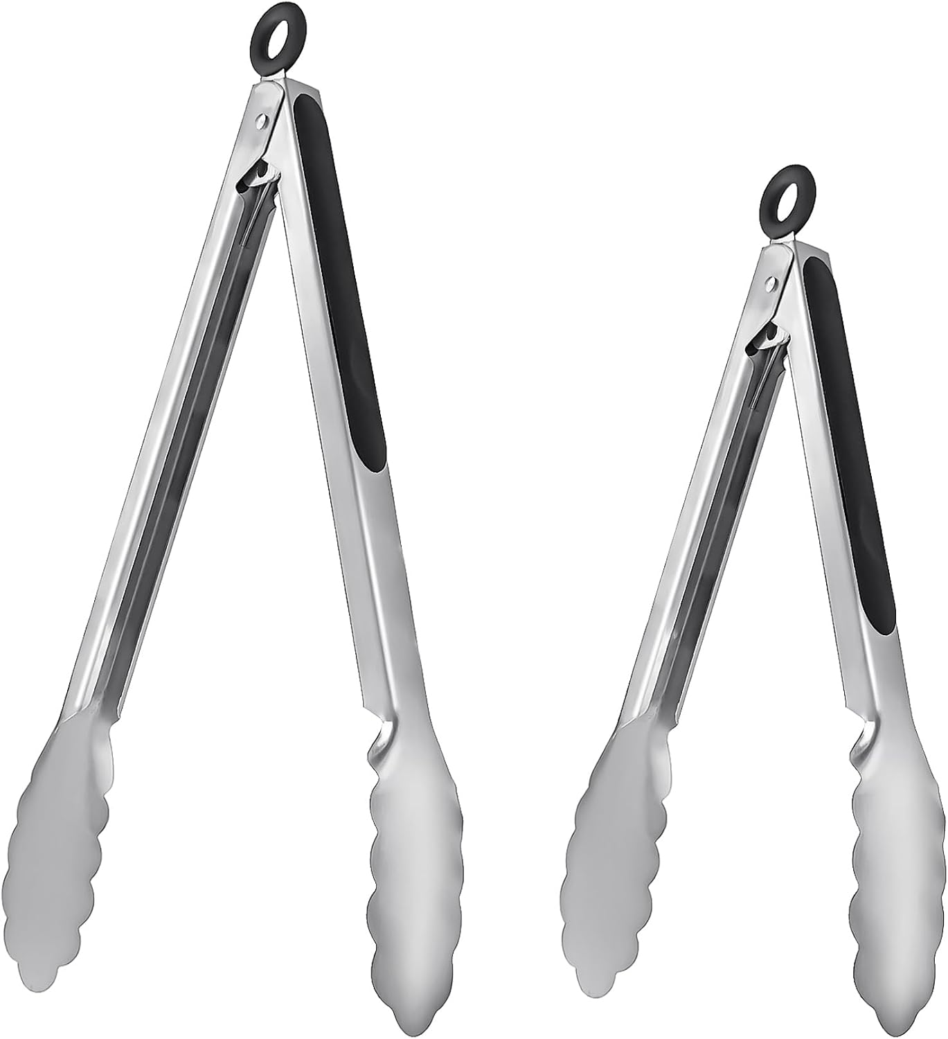 Metal Cooking Tongs,Stainless Steel Food Tong with No-slip Silicon and Locking Ring for Kitchen - 9 &12 inch,Set of 2-Black