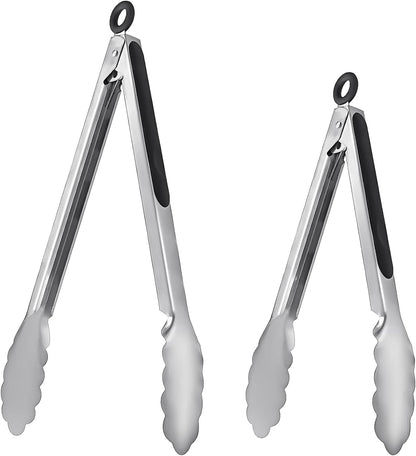 Metal Cooking Tongs,Stainless Steel Food Tong with No-slip Silicon and Locking Ring for Kitchen - 9 &12 inch,Set of 2-Black