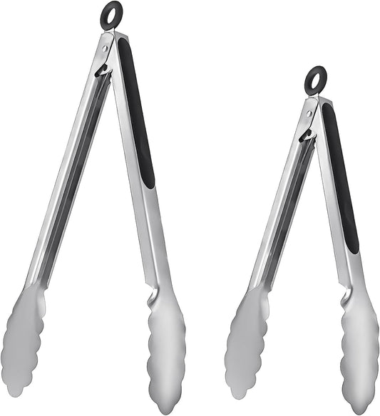 Metal Cooking Tongs,Stainless Steel Food Tong with No-slip Silicon and Locking Ring for Kitchen - 9 &12 inch,Set of 2-Black