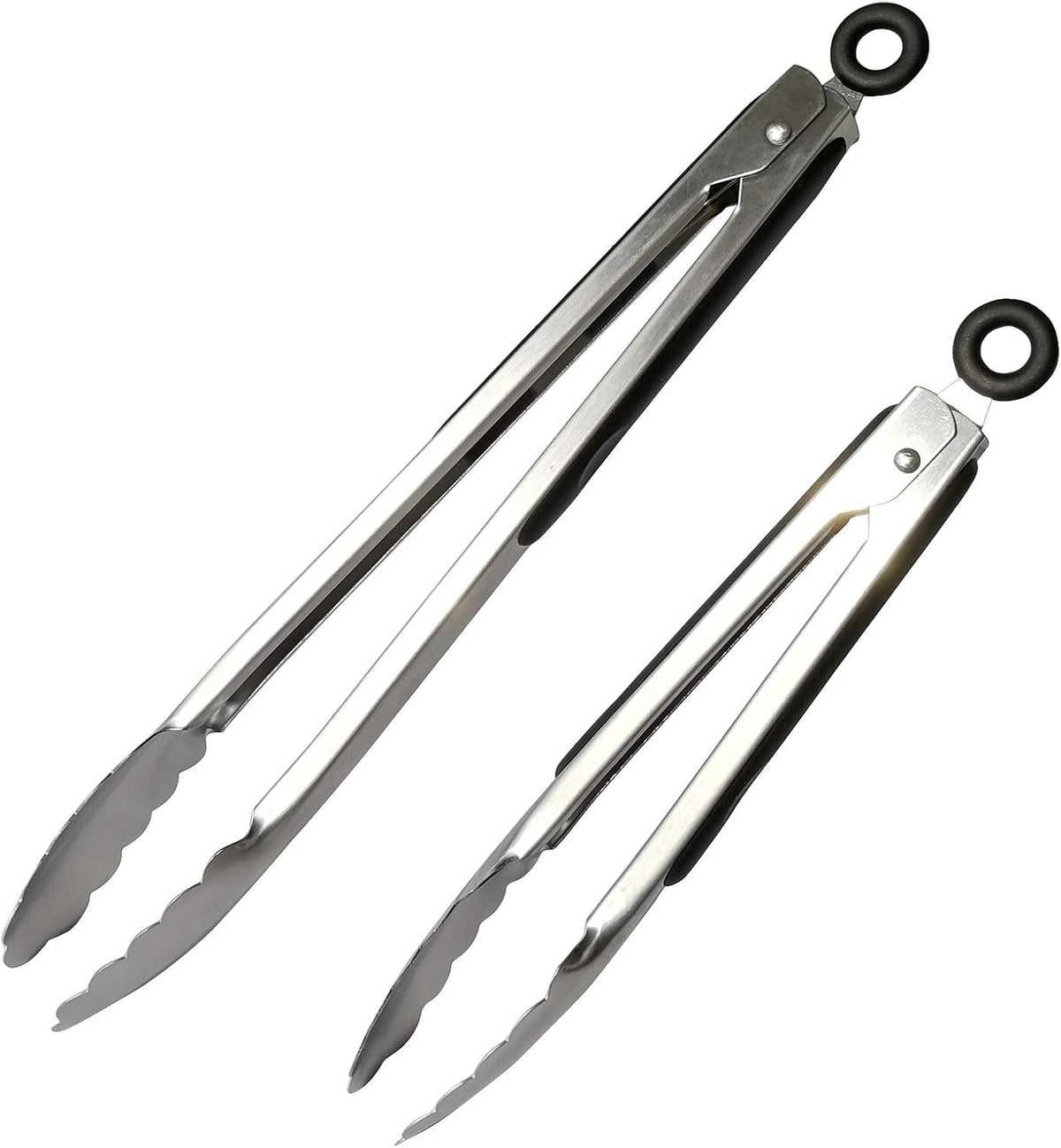 Metal Cooking Tongs,Stainless Steel Food Tong with No-slip Silicon and Locking Ring for Kitchen - 9 &12 inch,Set of 2-Black