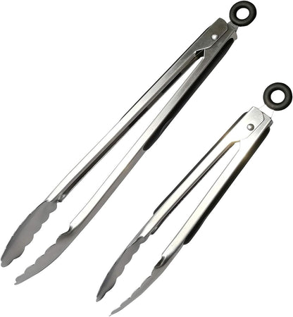 Metal Cooking Tongs,Stainless Steel Food Tong with No-slip Silicon and Locking Ring for Kitchen - 9 &12 inch,Set of 2-Black