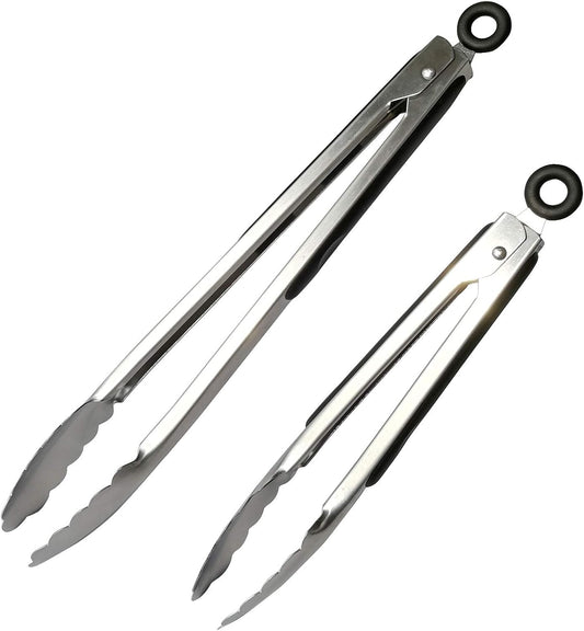 Metal Cooking Tongs,Stainless Steel Food Tong with No-slip Silicon and Locking Ring for Kitchen - 9 &12 inch,Set of 2-Black