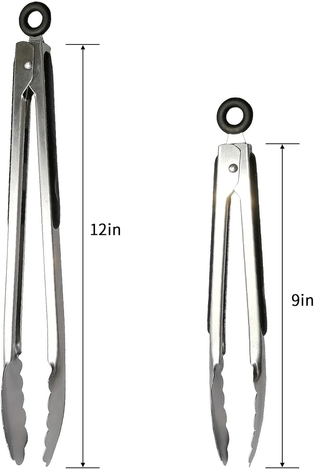 Metal Cooking Tongs,Stainless Steel Food Tong with No-slip Silicon and Locking Ring for Kitchen - 9 &12 inch,Set of 2-Black