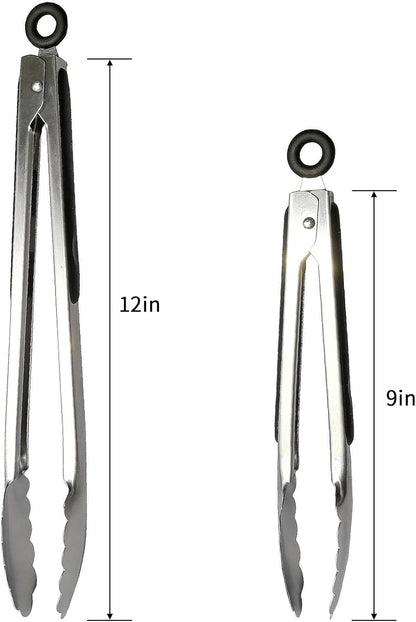 Metal Cooking Tongs,Stainless Steel Food Tong with No-slip Silicon and Locking Ring for Kitchen - 9 &12 inch,Set of 2-Black