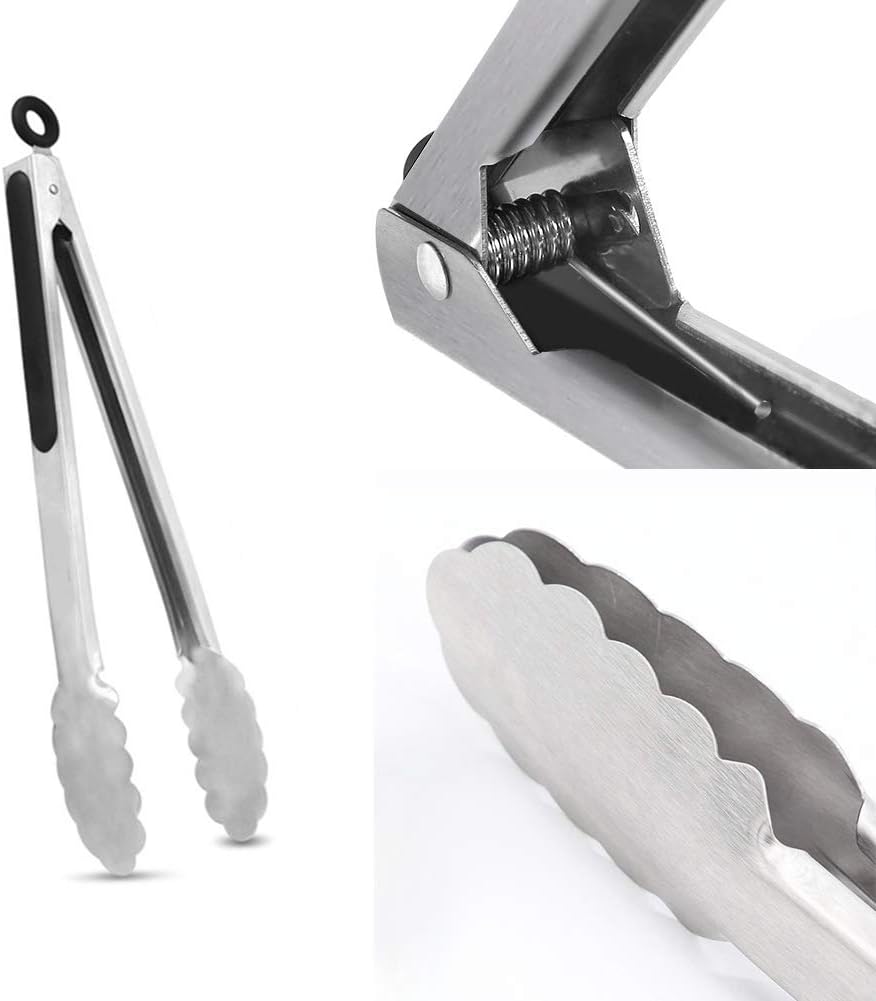 Metal Cooking Tongs,Stainless Steel Food Tong with No-slip Silicon and Locking Ring for Kitchen - 9 &12 inch,Set of 2-Black