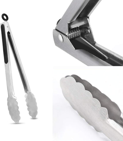 Metal Cooking Tongs,Stainless Steel Food Tong with No-slip Silicon and Locking Ring for Kitchen - 9 &12 inch,Set of 2-Black