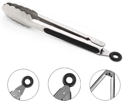 Metal Cooking Tongs,Stainless Steel Food Tong with No-slip Silicon and Locking Ring for Kitchen - 9 &12 inch,Set of 2-Black
