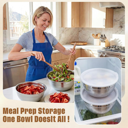 6 Pack Stainless Steel Mixing Bowls with Airtight Lids 3qt Metal Mixing Bowl Thicker Stainless Steel Salad Bowls for Food Prep, Baking, Storage, Cooking, Serving Dishwasher Safe (White Lid)
