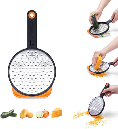Ograte Double Sided Cheese Grater - 6mm Coarse Grating, Orange | Multi-directional handheld food and vegetable shredding plane with bowl hook and non-slip foot, flat for space-saving storage