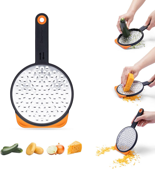 Ograte Double Sided Cheese Grater - 6mm Coarse Grating, Orange | Multi-directional handheld food and vegetable shredding plane with bowl hook and non-slip foot, flat for space-saving storage