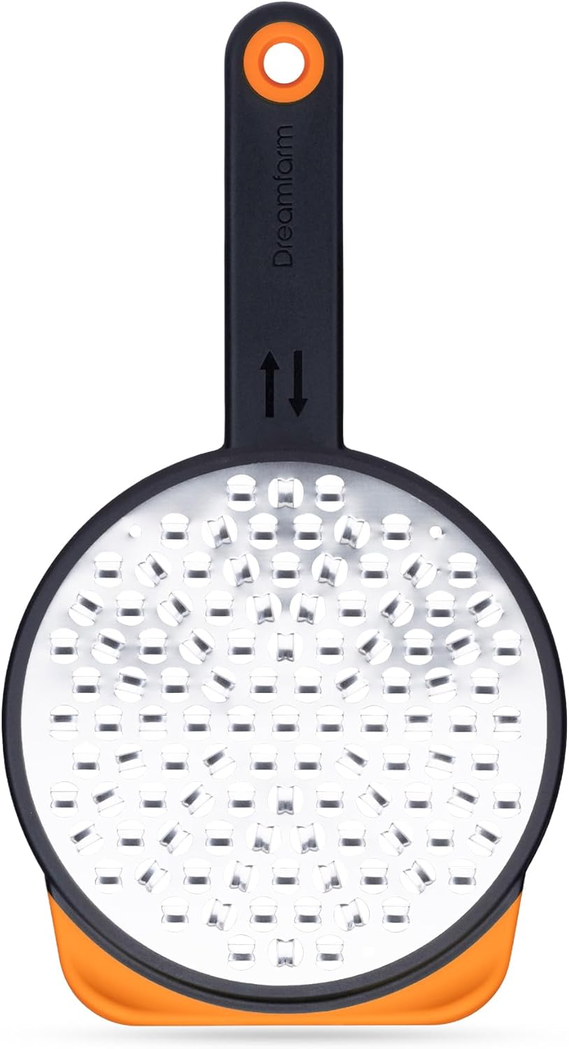 Ograte Double Sided Cheese Grater - 6mm Coarse Grating, Orange | Multi-directional handheld food and vegetable shredding plane with bowl hook and non-slip foot, flat for space-saving storage