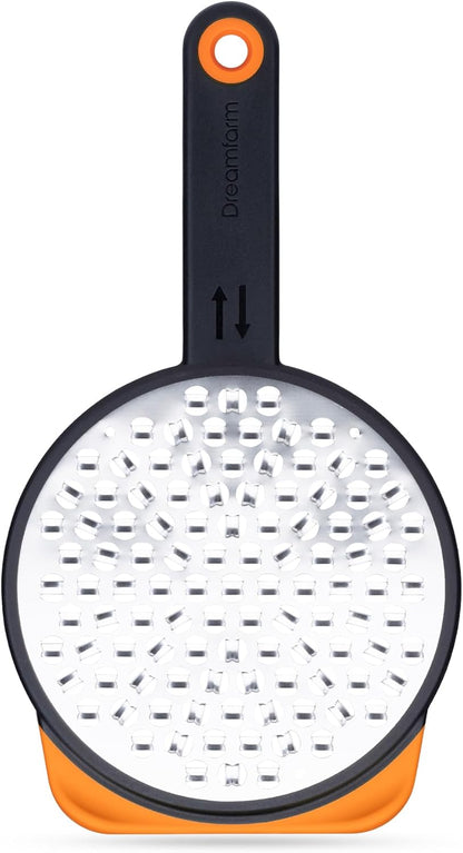 Ograte Double Sided Cheese Grater - 6mm Coarse Grating, Orange | Multi-directional handheld food and vegetable shredding plane with bowl hook and non-slip foot, flat for space-saving storage