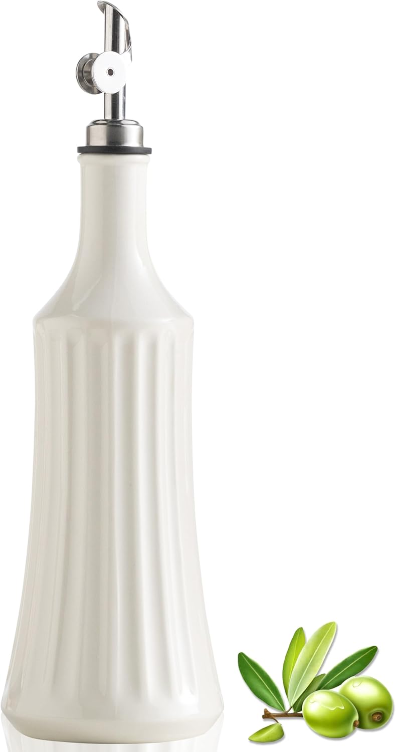 Olive Oil Dispenser Bottle, Oil Dispenser for Kitchen, Ceramic Cooking Vinegar Dispensing Bottles with Spout, White