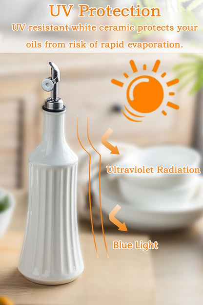 Olive Oil Dispenser Bottle, Oil Dispenser for Kitchen, Ceramic Cooking Vinegar Dispensing Bottles with Spout, White