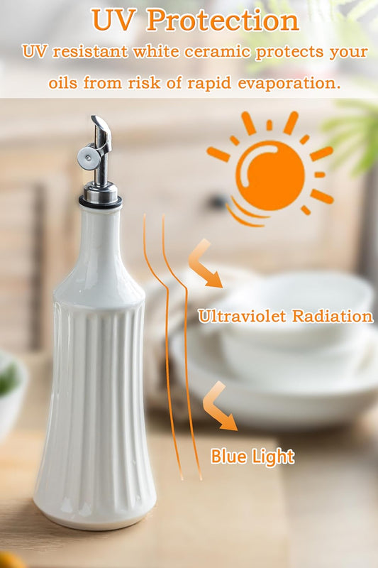 Olive Oil Dispenser Bottle, Oil Dispenser for Kitchen, Ceramic Cooking Vinegar Dispensing Bottles with Spout, White