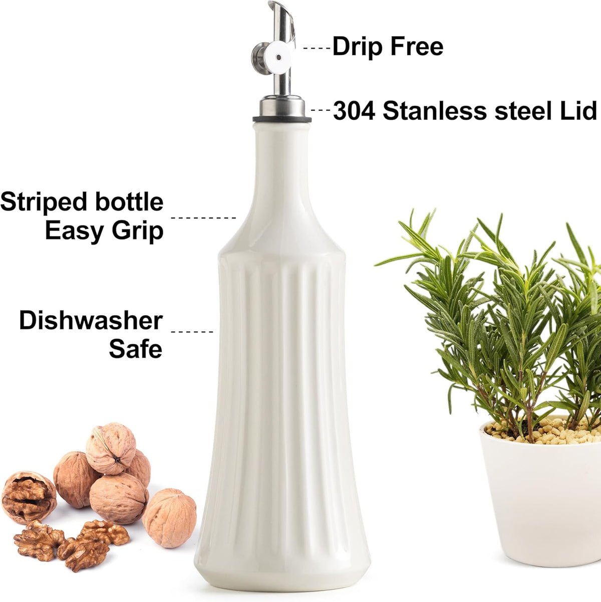 Olive Oil Dispenser Bottle, Oil Dispenser for Kitchen, Ceramic Cooking Vinegar Dispensing Bottles with Spout, White