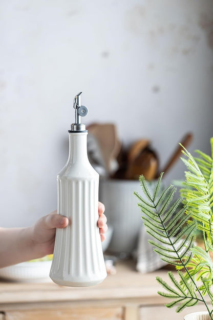 Olive Oil Dispenser Bottle, Oil Dispenser for Kitchen, Ceramic Cooking Vinegar Dispensing Bottles with Spout, White