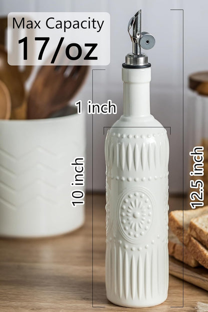 Olive Oil Dispenser Bottle, Oil Dispenser for Kitchen, Ceramic Cooking Vinegar Dispensing Bottles with Spout, White