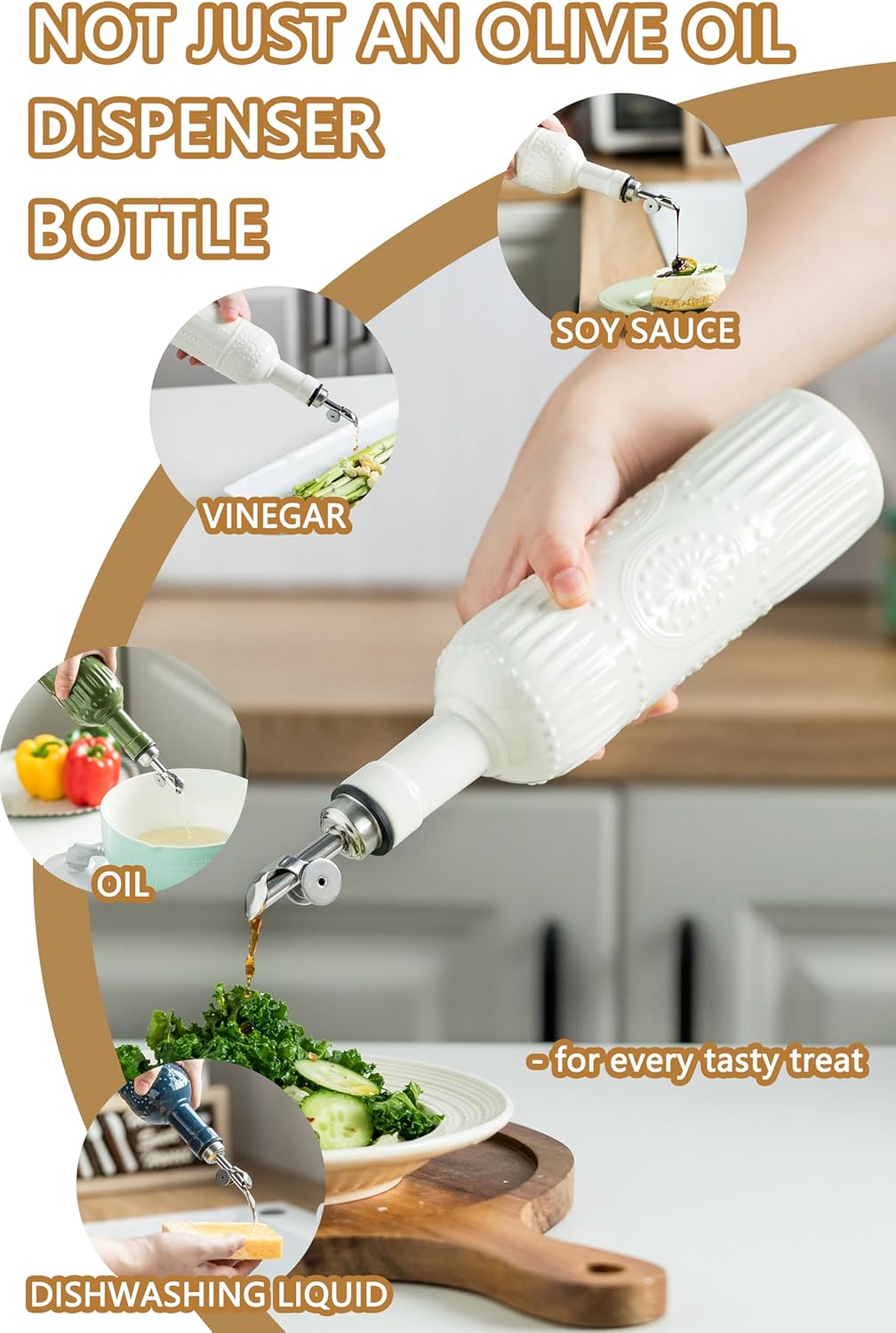 Olive Oil Dispenser Bottle, Oil Dispenser for Kitchen, Ceramic Cooking Vinegar Dispensing Bottles with Spout, White