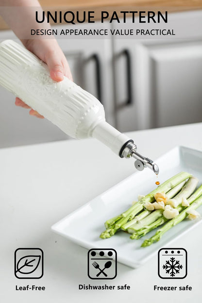 Olive Oil Dispenser Bottle, Oil Dispenser for Kitchen, Ceramic Cooking Vinegar Dispensing Bottles with Spout, White