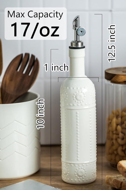 Olive Oil Dispenser Bottle, Oil Dispenser for Kitchen, Ceramic Cooking Vinegar Dispensing Bottles with Spout, White