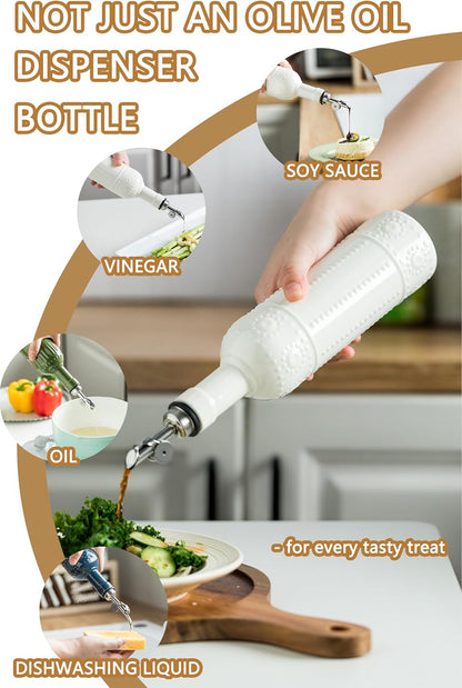 Olive Oil Dispenser Bottle, Oil Dispenser for Kitchen, Ceramic Cooking Vinegar Dispensing Bottles with Spout, White