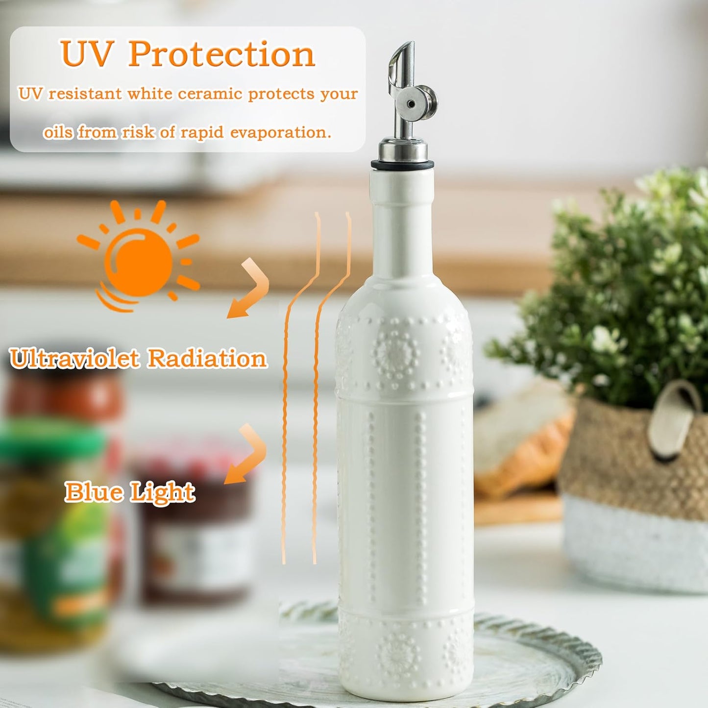 Olive Oil Dispenser Bottle, Oil Dispenser for Kitchen, Ceramic Cooking Vinegar Dispensing Bottles with Spout, White