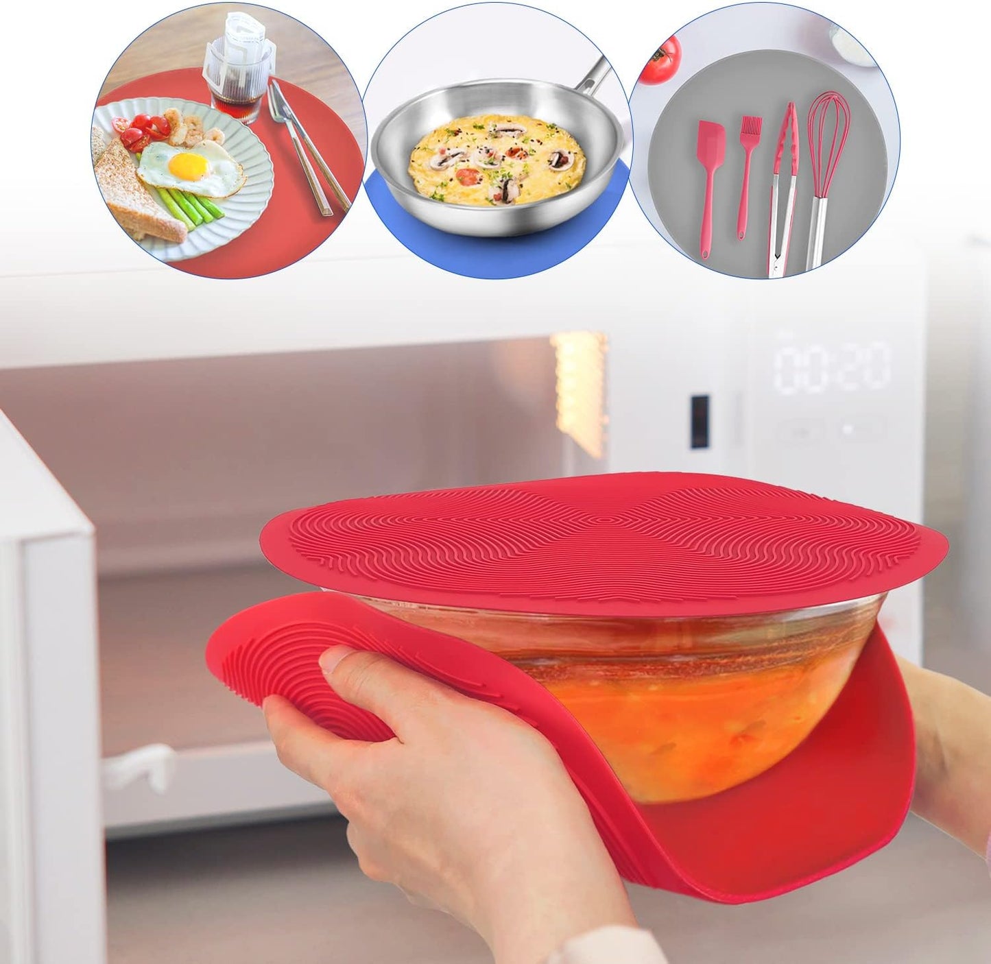 12 10 8 Inch Multi-use Microwave Mat, Trivet, Pot Holders, Drying, Baking, Place Mat, Utensils Rest, Silicone Cover Pad for Hot Pot Pans Bowls Plates Dishes Kitchen Counter, Heat Resistant,Red