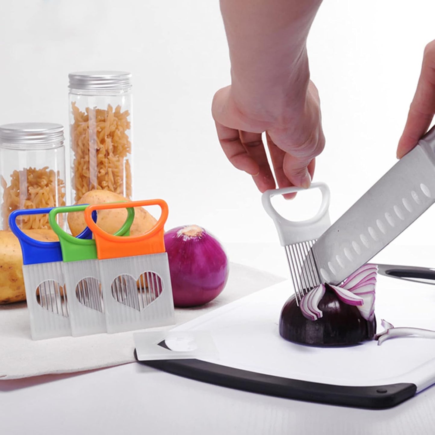 4 Pcs Onion Slicer, Stainless Steel Onion Slice Holder and Tomato Slicer, Food Slice Assistant Onion Holder for Slicing Fruit Vegetable Lemon Meat Potato, Kitchen Cooking Tools Gadgets