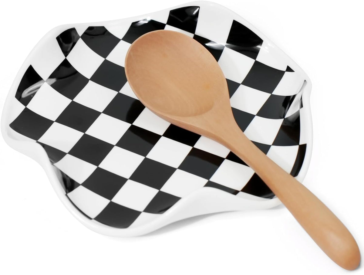 Spoon Rest for Stove Top, 5.3 Inch Ceramic Spoon Holder for Kitchen Counter, Coffee Ladle Holder, Utensil Rest for Cooking, Housewarming Gifts (Black)
