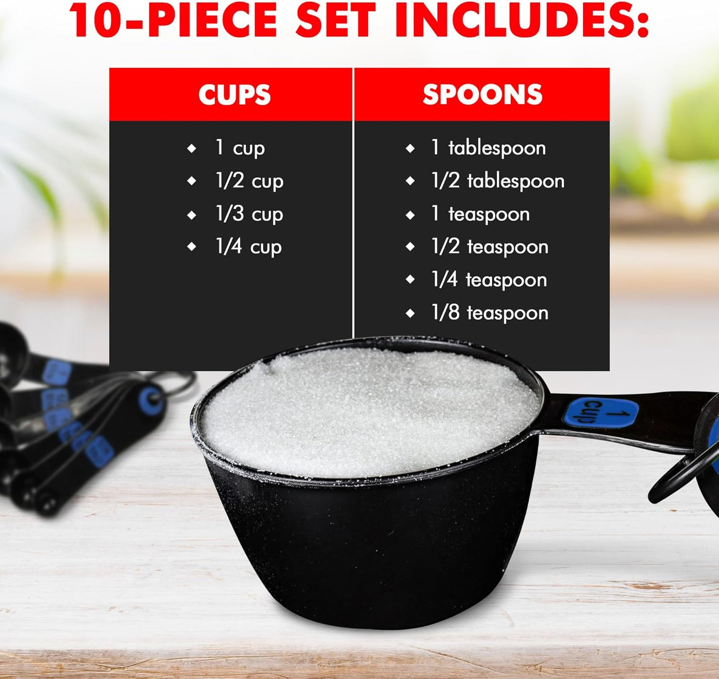 Easy to Read Plastic, Measuring Cup Set, 10 piece set, Blue