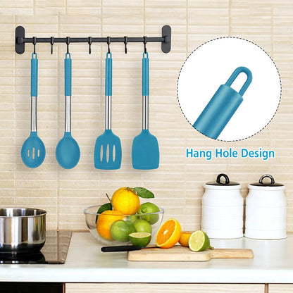 Pack of 4 Large Silicone Cooking Spatulas and Spoons, Slotted and Solid Stainless Steel Cooking Utensils Set, Non-stick Heat Resistant Kitchen for Baking, Fried, Stir-Fry, Mixing, Serving (Black)
