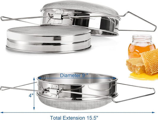 Stainless Steel Honey Strainer, Double Sieve, Beekeeping Equipment Mesh Filter Screen, Honey Extractor Equipment, 9" Diameter x 4" Depth