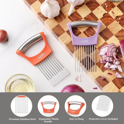 2PCS Onion Slicer Holder, Stainless Steel Onion Cutter for Slicing and Storage Onions, Tomato, Eggs and Vegetables, Protective Cover Included, Dishwasher Safe (Stylish orange+ Purple Color)