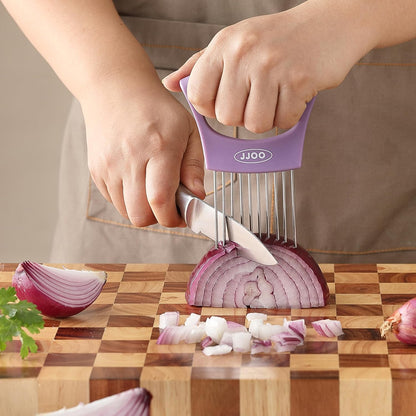 2PCS Onion Slicer Holder, Stainless Steel Onion Cutter for Slicing and Storage Onions, Tomato, Eggs and Vegetables, Protective Cover Included, Dishwasher Safe (Stylish orange+ Purple Color)