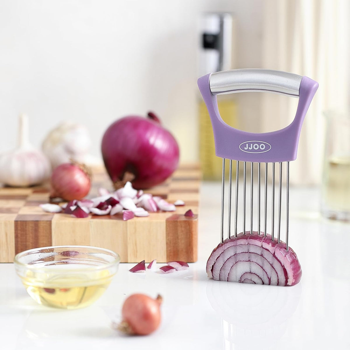 2PCS Onion Slicer Holder, Stainless Steel Onion Cutter for Slicing and Storage Onions, Tomato, Eggs and Vegetables, Protective Cover Included, Dishwasher Safe (Stylish orange+ Purple Color)