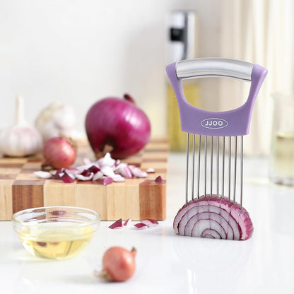 2PCS Onion Slicer Holder, Stainless Steel Onion Cutter for Slicing and Storage Onions, Tomato, Eggs and Vegetables, Protective Cover Included, Dishwasher Safe (Stylish orange+ Purple Color)