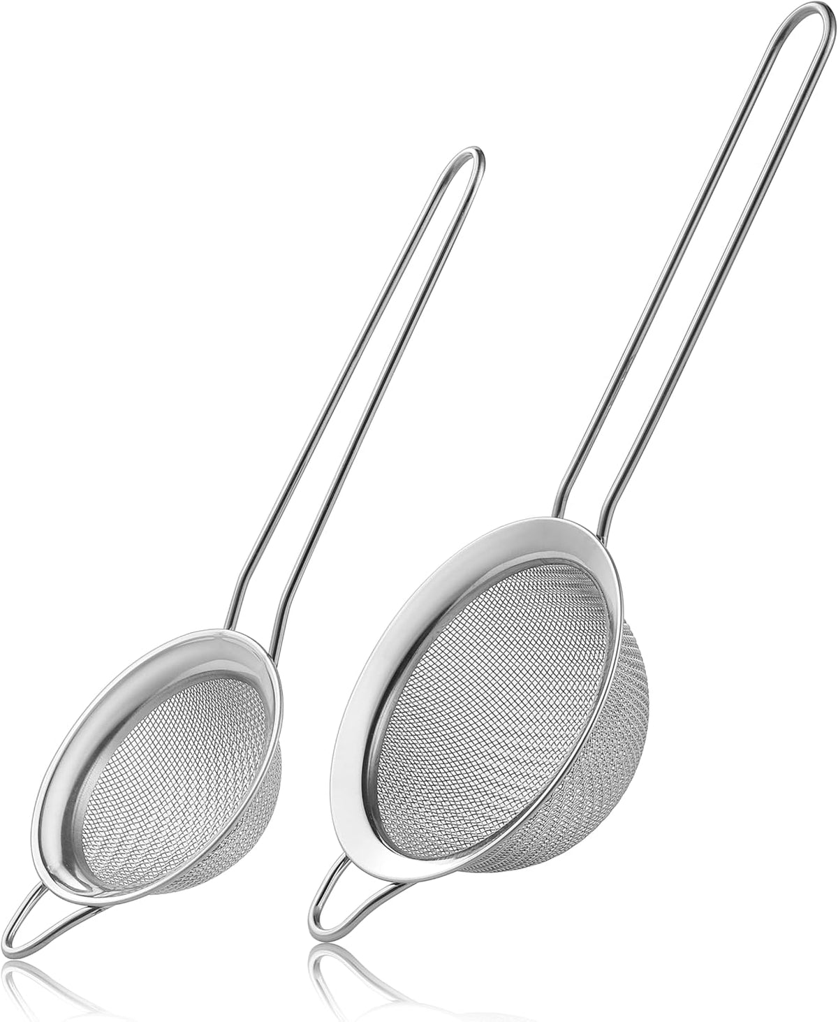 2 Pack Fine Mesh Strainers, Mini Stainless Steel Strainer with Handle for Kitchen, Metal Sieve Sifters for Straining Tea, Matcha, Cocktail, Juice and Coffee (8.6in 7.5in)