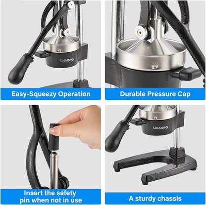 Cast Iron manual juicer, Hand Citrus juicer press, Orange Lemon Squeezer,Heavy Duty Manual Juicer,Commercial Grade,Countertop Extactor for Fruit Juice -Stainless Steel,Easy to Clean Black